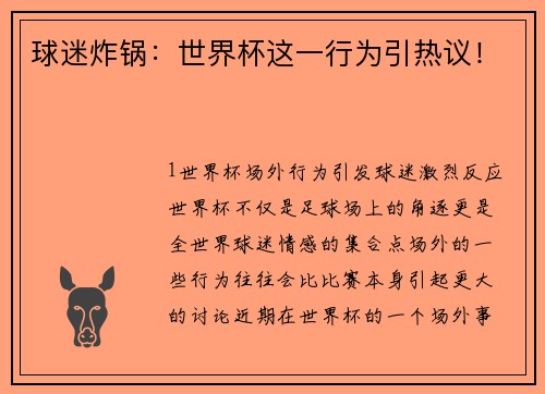 球迷炸锅：世界杯这一行为引热议！